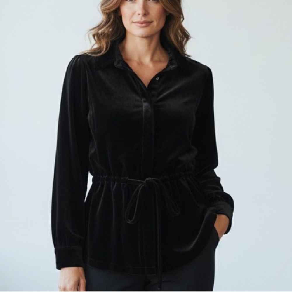 Black Velvet Button-Front Jacket • Silk Blend • Drawstring Waist • XL